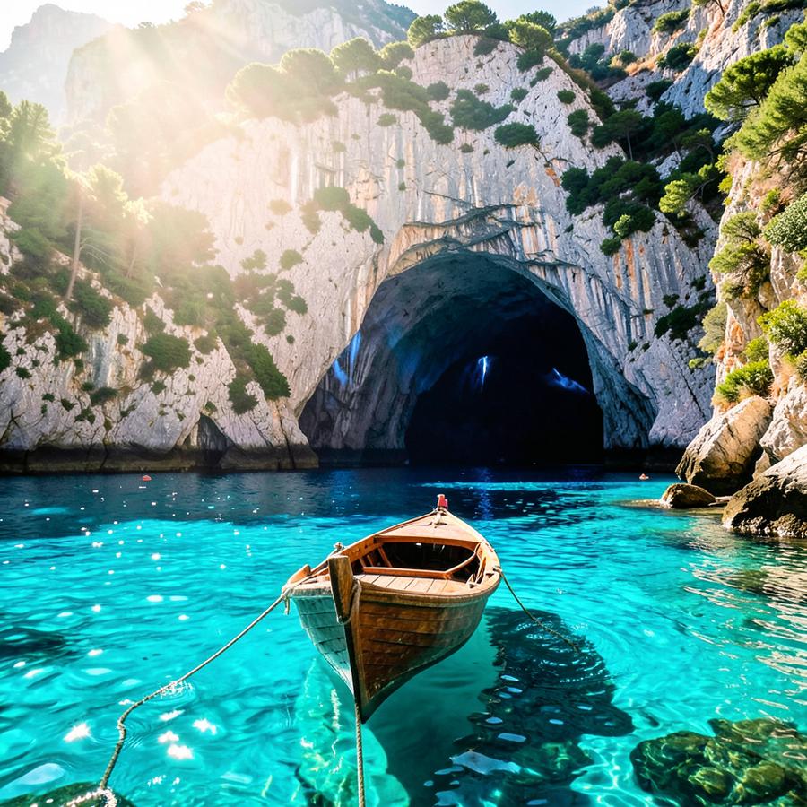 Wooden boat on turquoise water