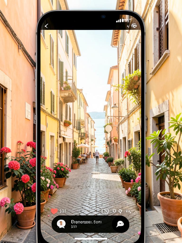 Sunny pastel Italian street with flowers